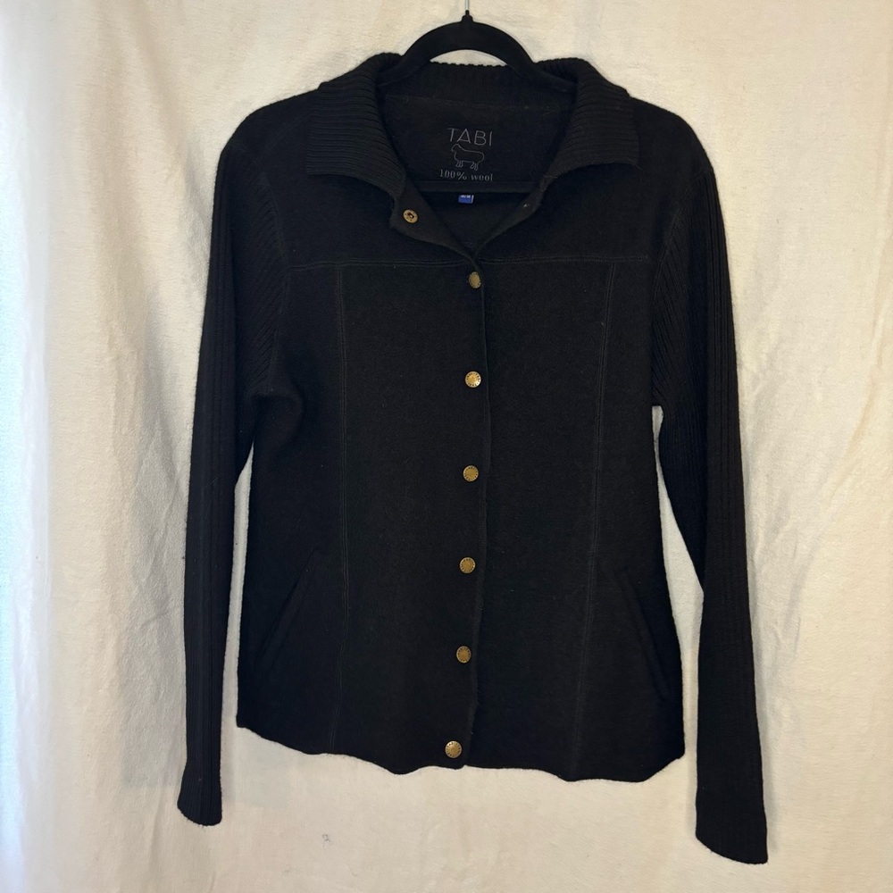 Tabi Cozy 100% Wool Black Button-up Cardigan With Knit‎ Sleeves Size M.